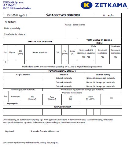 Świadectwo odbioru z parametrami mechanicznymi