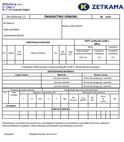 Świadectwo odbioru z parametrami mechanicznymi i chemia
